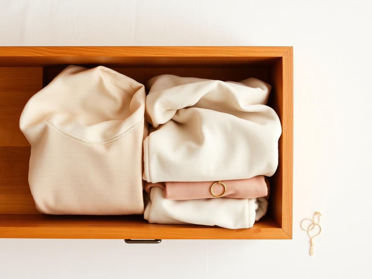 Peças de lingerie em tons nude e creme dobradas em uma gaveta aberta